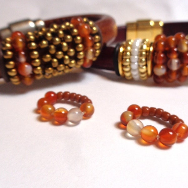 2 Licorice Single Beaded OhRings With Orange Carnelian Gemstone 4mm Round Beads and 8/0 Opaque Terra Cotta Glass Beads - 10x6mm ID