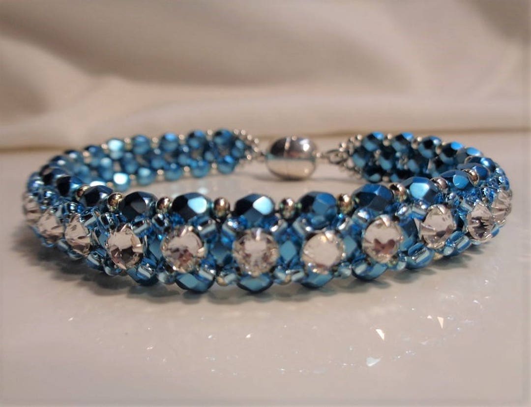 Aqua Tennis Bracelet woven Beaded Bracelet Swarovski Montees