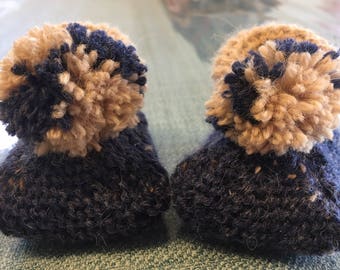 Newborn Handknitted Navy Blue/Beige  Alpaca Booties