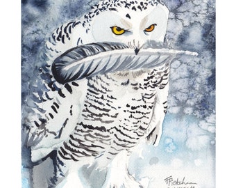 original watercolour painting "snow owl with feather"
