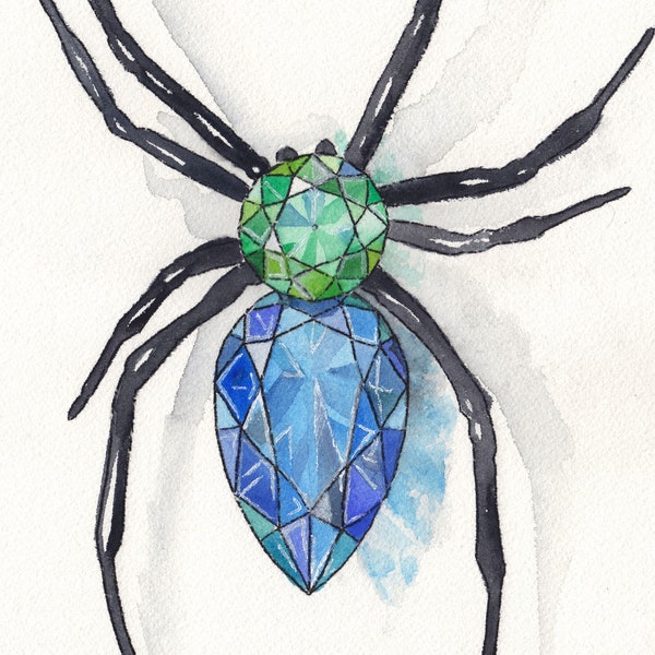 Original Aquarell Bild und Postkarte "Juwelen-Spinne"