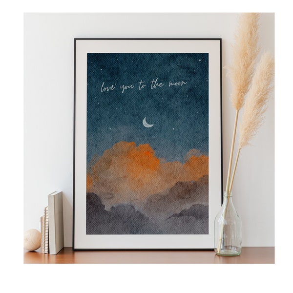 Printable quote poster "Love you to the moon", blue watercolor sky,Printable Digital Download, dreamy moon art print, bedroom night decor
