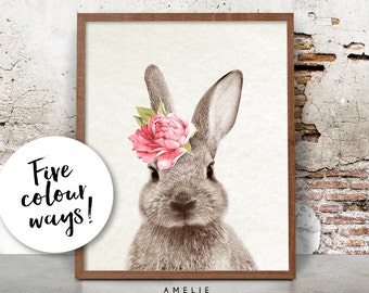 Bunny Rabbit Print, Nursery Printable Wall Art, Woodland Decor, Nursery Animal Poster, Watercolour Flower, Digital Download, Woodland Bunny