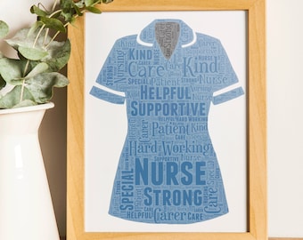 May include: A blue and gray word cloud in the shape of a nurse's uniform. The words include 'nurse', 'care', 'strong', 'helpful', 'supportive', 'patient', 'kind', and 'special'.