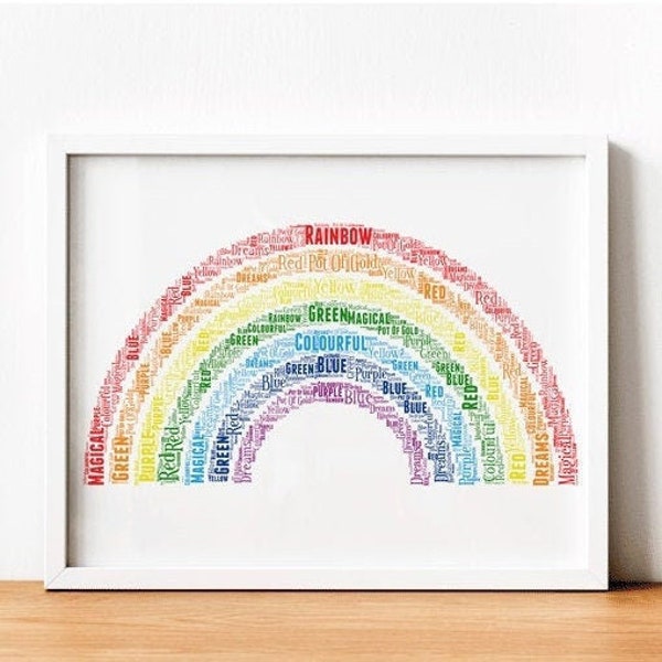Personalised Rainbow Gift, Rainbow Colours Framed Word Art Cloud Print, Word Art Gift, Decor, gratitude Great Gift  *New & Improved design *