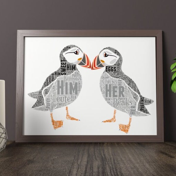 Puffin Word Art, Puffins, Love Puffins Customable Print, Cute Puffin Couples Print, Personalised  Gift. Gifts for her Gifts for him