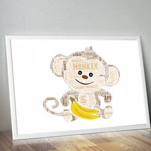 Custom Monkey Gift | Monkey Word Art | Monkey Print | Monkey Nursery Wall Art | Kids Room | Jungle Animal Print | monkey birthday gift