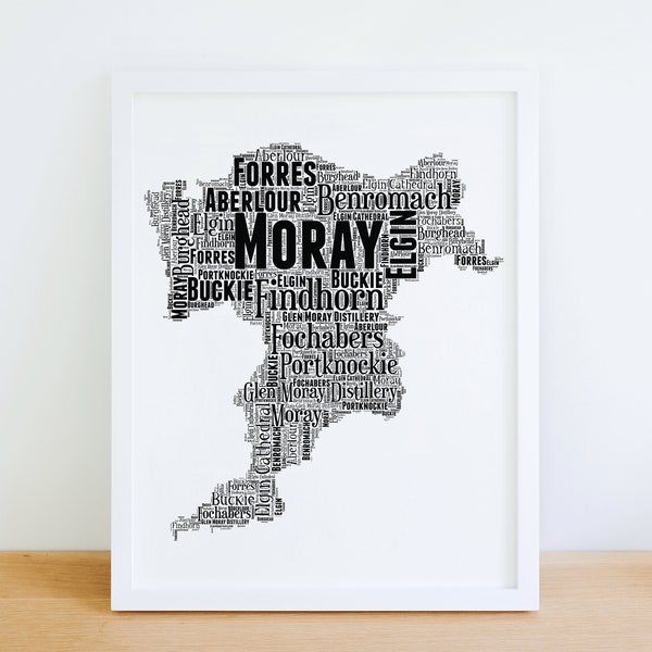 Moray Personalised Word Art Map Print Only, Personalised Birthdays, Anniversary, UK Based, Moray Scotland, Scottish, Scottish County, Moray