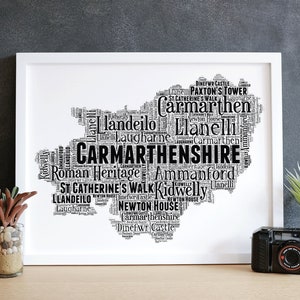 Carmarthenshire - Personalised Word Art Map Print  Welsh County  Print Word Art Cloud, Personalised Birthdays, Anniversary, UK Based , Wales