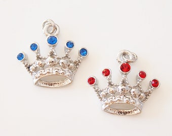 1 Metal Crown Charm Enamel Silver Tone Select From Blue or Red For DIY Charm Bracelet Jewelry Making