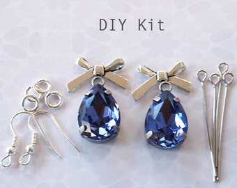 Earring Kit DIY Glass Rhinestone Drops and Silver Tone Bows Includes Rhinestones And Components Colour Tanzanite