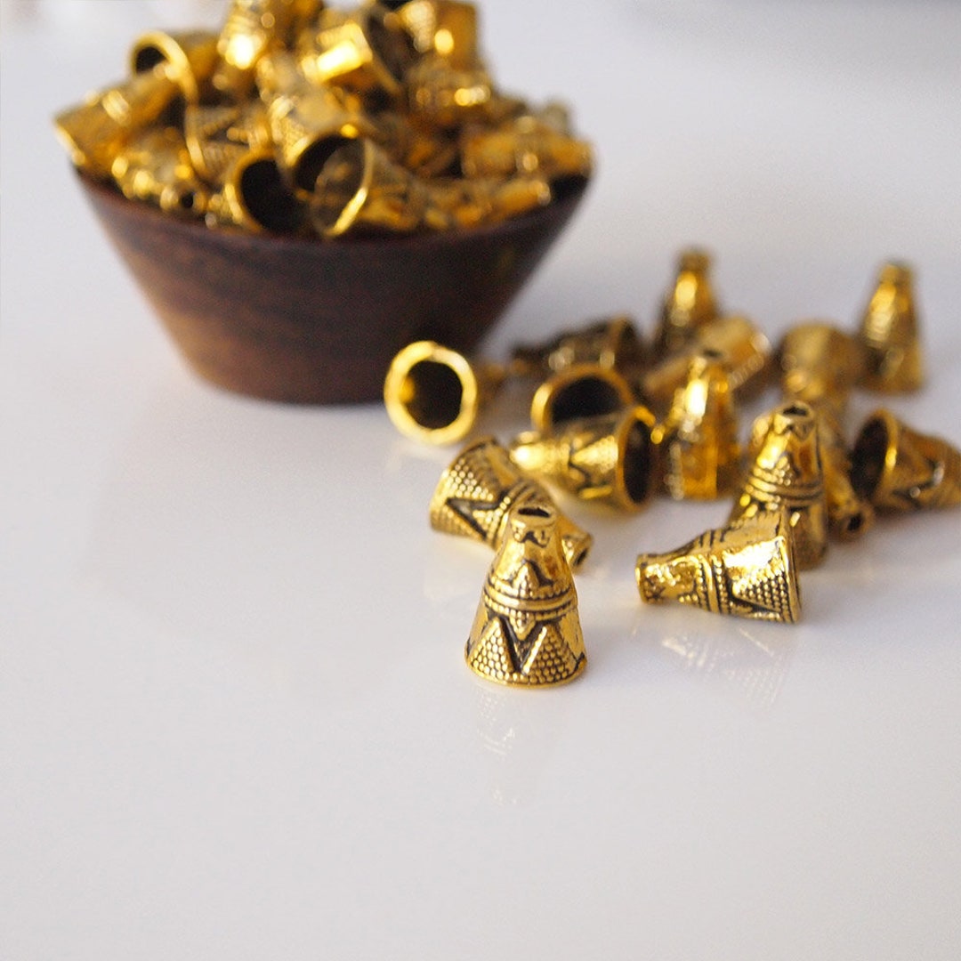 20 Metal Bead Cap Cones Antique Gold Tone Embossed Design Size 11mm