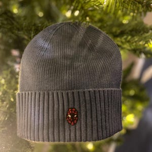 May include: A blue knitted beanie with a red and black embroidered Spider-Man logo.
