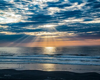 Coastal Sunset Photo: Oregon, Beach, Sun Rays, Ocean Waves