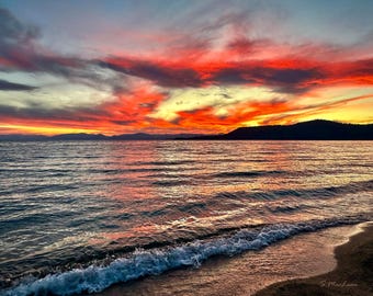 Lake Tahoe Sunset Photography: Colorful Evening Sky, Beach Waves