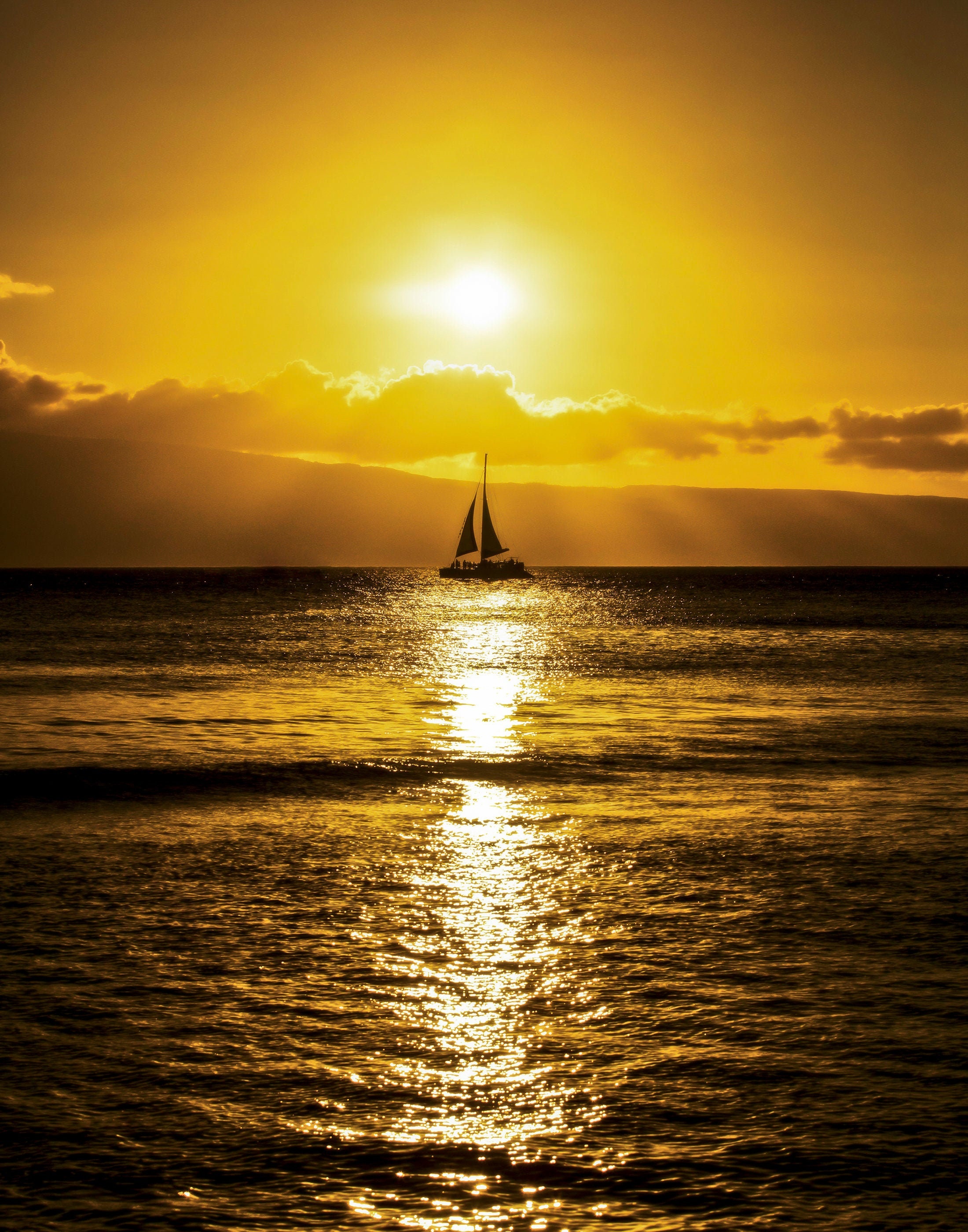 Golden Hawaiian Sunset Photograph Ocean Waves Sailboat Etsy