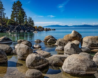 Lake Tahoe Photography Print: Serene Boulders, Pine Trees, Sierra Mountains