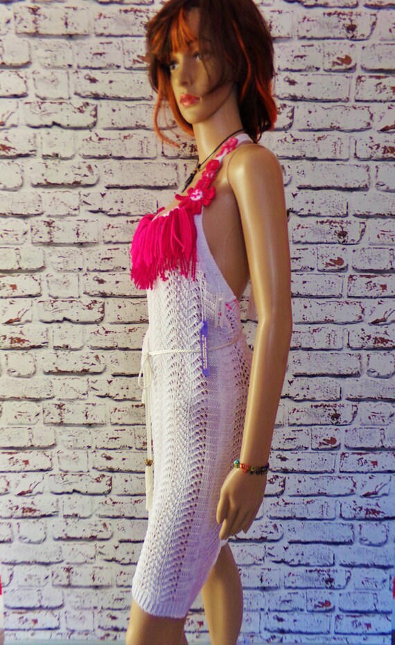 White Slightly Open Knit Halter Dress 
