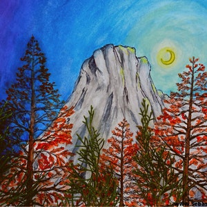 Cogumelos e cena de montanha ao luar, duas aquarelas 5x7, uma em um cartão