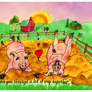Pig Friends and Shrooms, impresión firmada a 2 caras de las acuarelas de Sebastian Vale