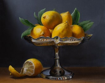 Print of still life oil painting, limited edition print, Silver and lemons, kitchen painting, wall decor, realistic art, signed print