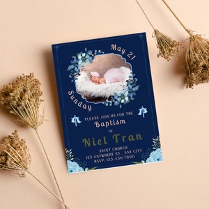 Christening BAPTISM Baby Girl Blue FLORAL INVITATION With Photo Digital Download