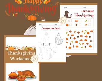 Brown Illustrative Thanksgiving Kindergarten Worksheets, Thanksgiving Day Bundle, Thanksgiving Activity for kids, Kindergarten Activities