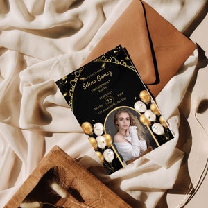23rd Black And Gold GEBURTSTAG INVITATION Karte mit FOTO - Luxus Geburtstagskarten Digital Download