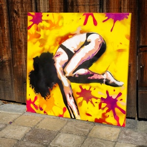 Lady Bakasana YOGA portrait crow pose stencil art painting on CANVAS