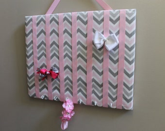 Hair Bow Holder Large Pink Grey Chevron Hairbow Organizer Headband Holder Girls Accessory Hair Clip Frame Board Hair Organizer Large 16x20