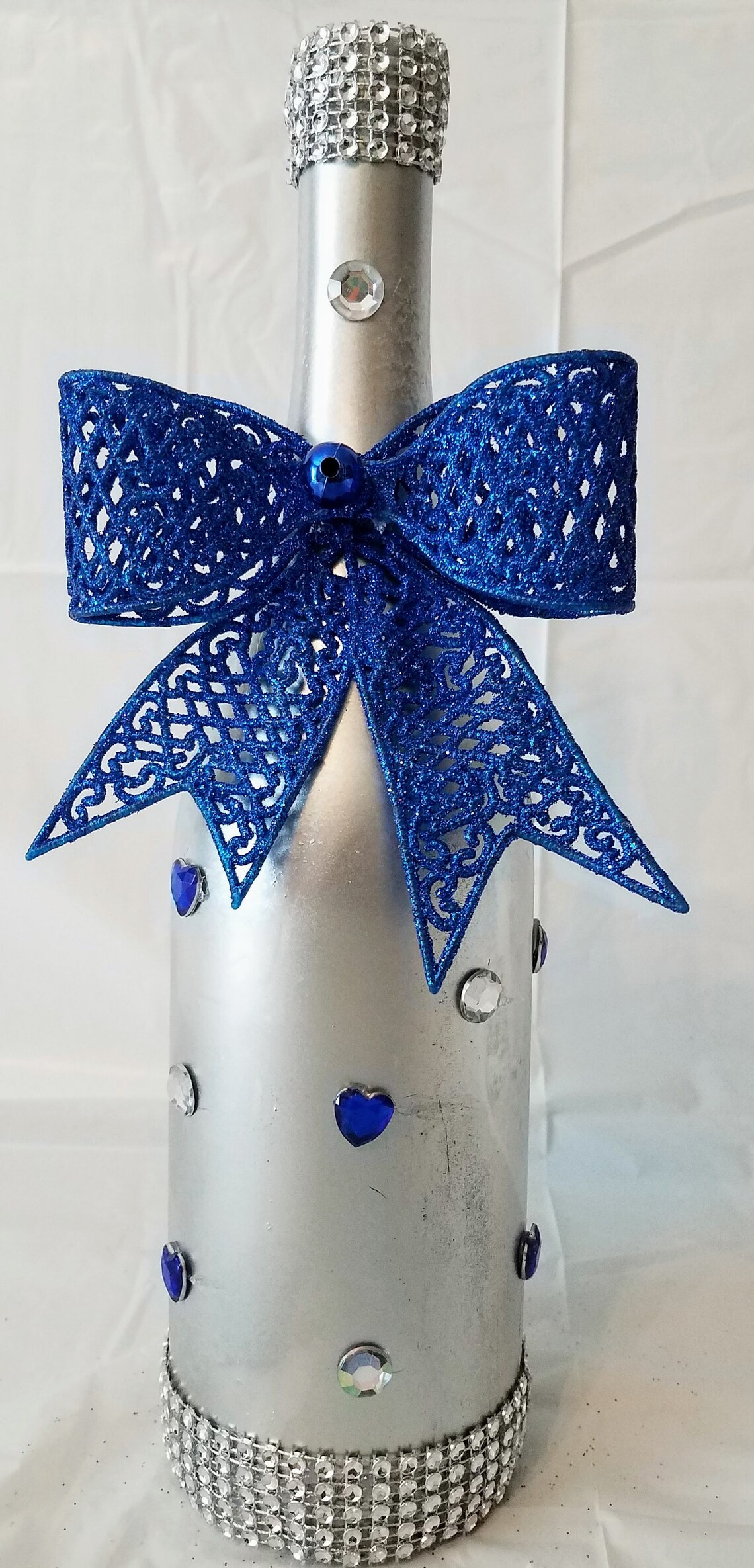 Decorated Wine Silver Spray Painted Bottle With Sparkling Rhinestone