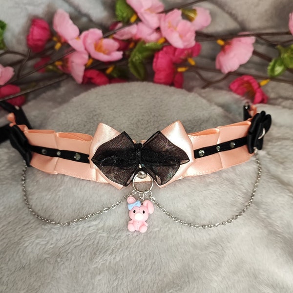 Pink and Black Collar / Choker / Kitten Play / Petplay / DDLG / Bunny Charm / Chains