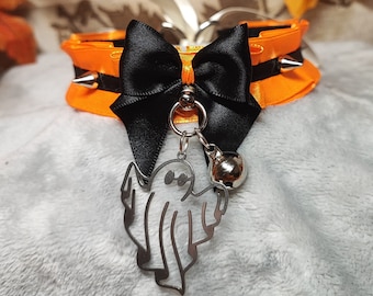Spooky Halloween Collar / Choker / Kitten Play / Petplay / DDLG / Chains / Orange Satin Ribbon / Ghost Charm / Spikes