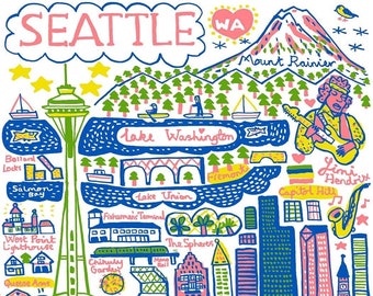 Pode incluir: Um mapa ilustrado colorido de Seattle com marcos como a Space Needle, o Monte Rainier e o Pike Place Market. O desenho inclui etiquetas de texto para vários locais, edifícios e ícones em tinta azul, rosa, amarela e verde.