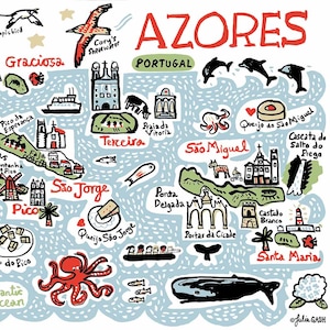 May include: A colorful illustrated map of the Azores, Portugal, featuring hand-drawn icons of islands like Corvo, Flores, and Pico. The design includes marine life, local landmarks, churches, windmills, and food items like Queijo do São Miguel.