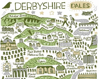 Puede incluir: Una ilustración dibujada a mano de un mapa de los Derbyshire Dales en Inglaterra. El mapa presenta varias ciudades y pueblos, incluyendo Bakewell, Chatsworth y Haddon Hall. El mapa está dibujado en un estilo caprichoso con colinas verdes, ríos y árboles.