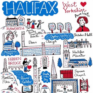 Könnte beinhalten: Illustrierte Karte von Halifax, West Yorkshire, mit Sehenswürdigkeiten wie Halifax Minster und Piece Hall. Die Karte ist in Blau, Rot und Schwarz gehalten und enthält Text und Illustrationen.