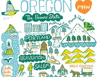 May include: A colorful illustrated map of Oregon featuring landmarks like Mount Hood, Haystack Rock, and Crater Lake. The design includes text labels for cities such as Portland, Salem, and Eugene, alongside icons of a beaver, trees, and mountains in blue, green, and yellow.