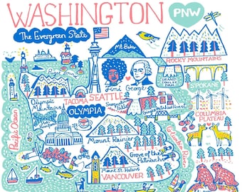 Könnte beinhalten: Eine farbenfrohe illustrierte Karte des Bundesstaates Washington mit Wahrzeichen wie der Space Needle, dem Mount Rainier und dem Pazifischen Ozean. Der Text umfasst Washington, The Evergreen State, PNW, Seattle, Olympia, Tacoma, Vancouver, Spokane und verschiedene geografische Bezeichnungen in Blau, Pink und Gelb.