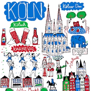 May include: A colorful illustration of landmarks and activities in Cologne, Germany. The illustration features the Cologne Cathedral, the Rhine River, the Cologne Zoo, the Old Market, and the Cologne Carnival. The illustration is drawn in a cartoon style with bright colors and bold lines.