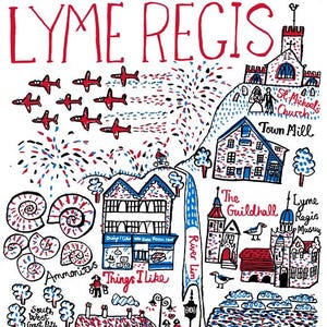 May include: A colorful illustrated map of Lyme Regis featuring red and blue ink drawings of landmarks like St. Michael's Church, the Town Mill, the Guildhall, and the Blue Lias Cliffs, alongside ammonite fossils, boats, and the text Lyme Regis.