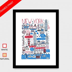 May include: A framed print featuring a hand-drawn map of New York City in red and blue ink on a white background. The illustration includes iconic landmarks like the Empire State Building, Central Park, and the Statue of Liberty with text labels.