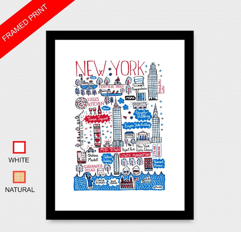 May include: A framed print featuring a hand-drawn map of New York City in red and blue ink on a white background. The illustration includes iconic landmarks like the Empire State Building, Central Park, and the Statue of Liberty with text labels.