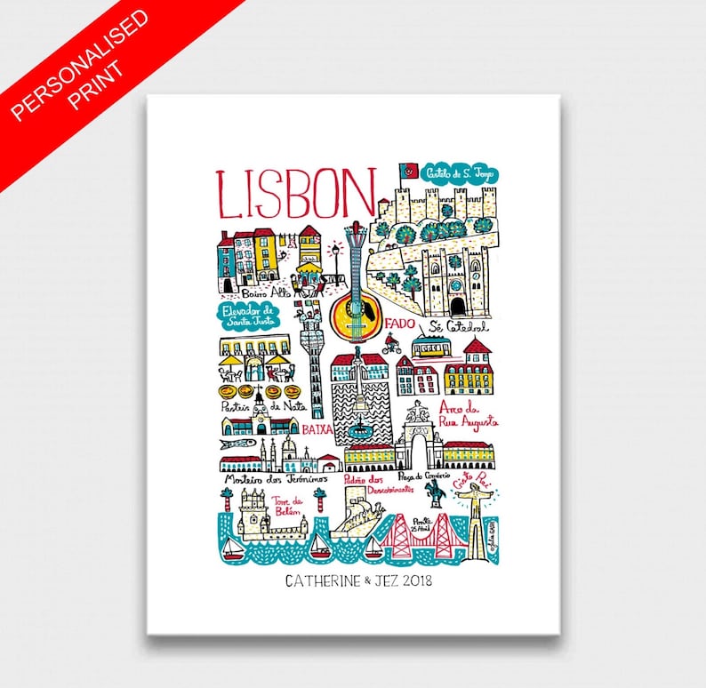 May include: A colorful illustrated map of Lisbon, Portugal, with landmarks and points of interest highlighted. The map includes the text "LISBON" in red lettering at the top and "CATHERINE & JEZ 2018" at the bottom.