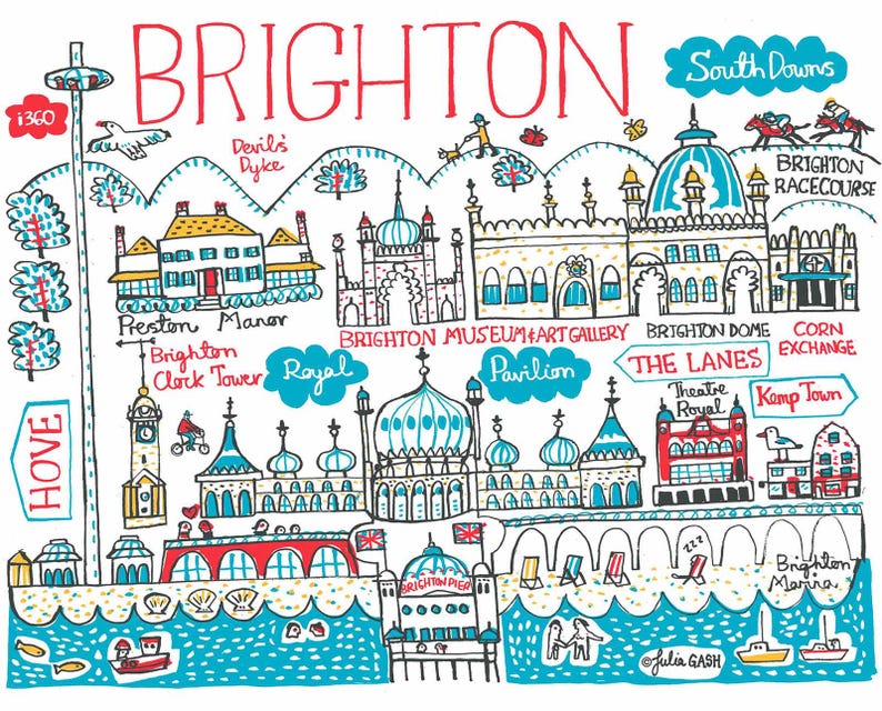 May include: A colorful illustrated map of Brighton, England, featuring landmarks like the Brighton Pier, Royal Pavilion, and Brighton Dome. The artwork includes the text "BRIGHTON" and various other place names, with whimsical drawings of buildings, boats, and people.