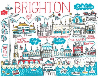 May include: A colourful hand-drawn illustration of Brighton, England, featuring landmarks such as the Brighton Dome, the Royal Pavilion, and the Brighton Pier. The illustration is in a whimsical style with bright colours and bold outlines.