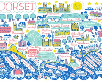 Puede incluir: Un mapa dibujado a mano y colorido de Dorset, Inglaterra, que presenta puntos de referencia, ciudades y pueblos. El mapa incluye la costa jurásica, Lyme Regis y Poole.
