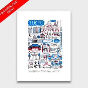 May include: A white art print featuring a hand-drawn illustration of Tokyo landmarks in blue, red, and black ink. The design includes Tokyo Tower, Skytree, and Meiji Jingu Shrine, with the text "TOKYO" at the top and "2020 HERE WE COME! JOHN & KATE X" at the bottom.