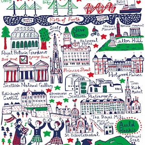 May include: A colorful illustrated map of Edinburgh, Scotland, featuring landmarks like Edinburgh Castle, the Forth Bridge, and the Royal Mile. The map includes hand-drawn elements and text labels, with a whimsical style and a mix of red, green, and blue colors.