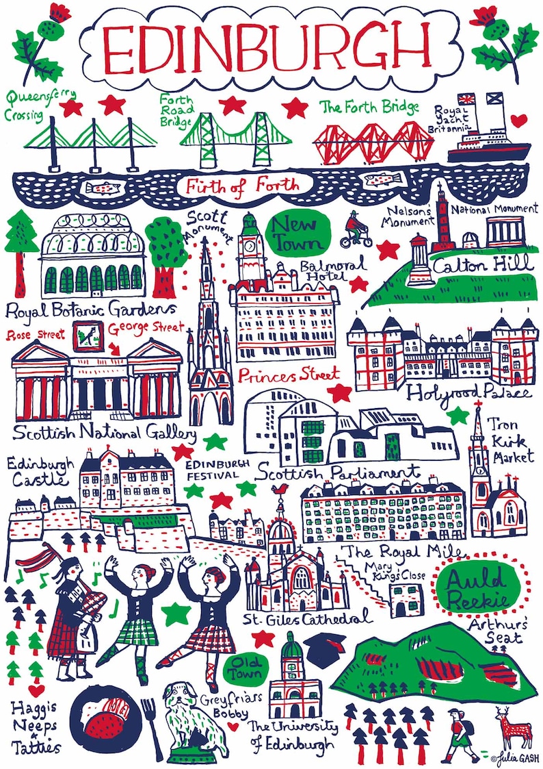 May include: A colorful illustrated map of Edinburgh, Scotland, featuring landmarks like Edinburgh Castle, the Forth Bridge, and the Royal Mile. The map includes hand-drawn elements and text labels, with a whimsical style and a mix of red, green, and blue colors.